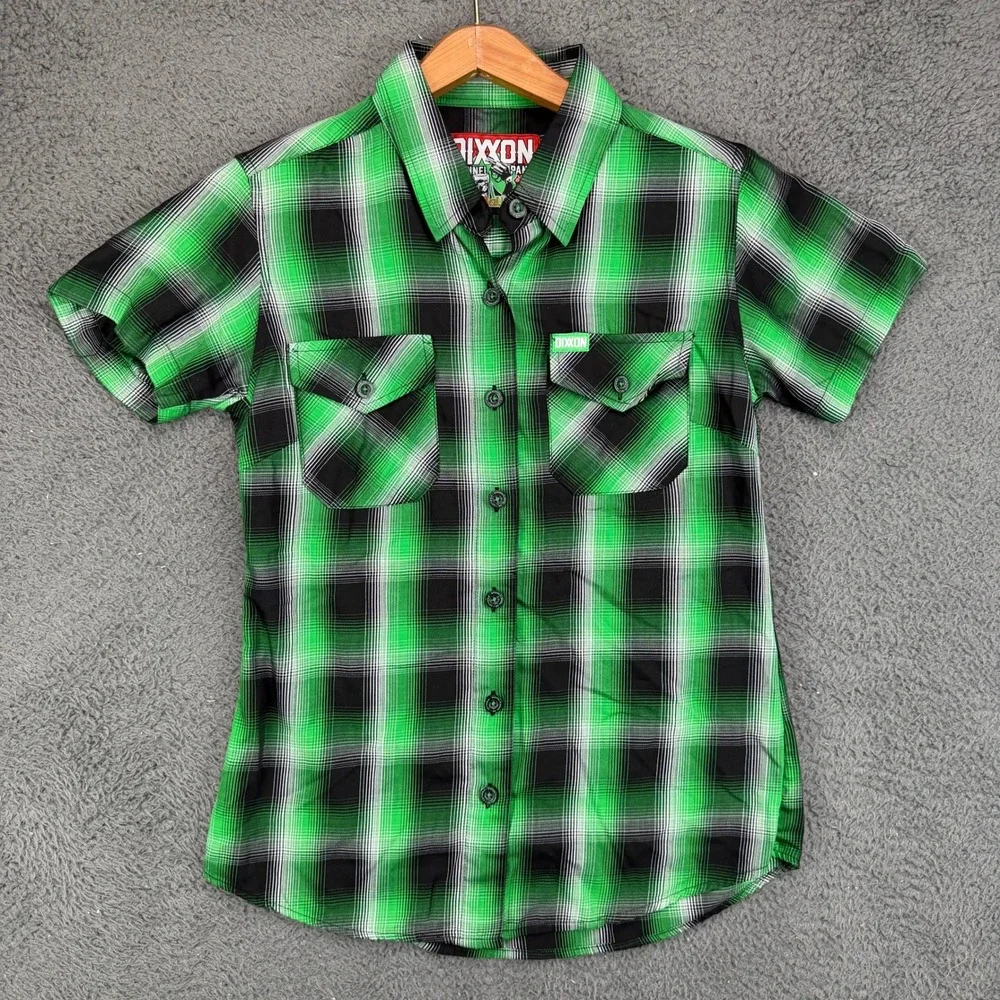 Dixxon Flannel O Malley Kids Small Green Black Plaid Short Sleeve Button Shirt